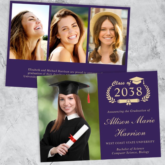 Elegant Photo Lila Guld College Graduation Meddelande (An elegant college graduation announcement to celebrate the graduate's achievements)