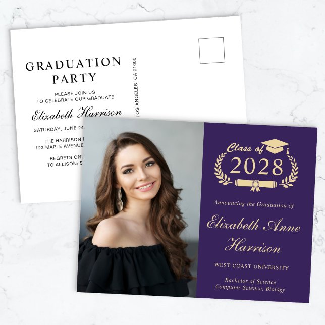 Elegant Photo Lila Studentfest Inbjudan Vykort (An elegant college graduation party invitation to celebrate the graduate's achievements)
