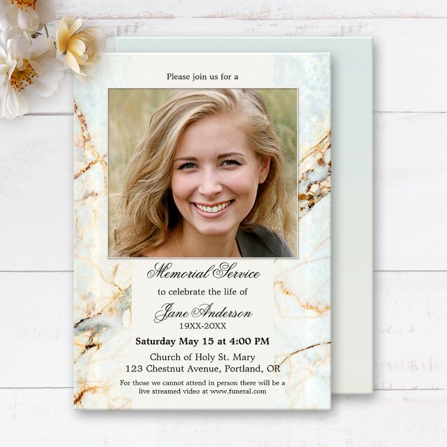 Elegant Photo Marble Funeral Memorial Service Inbjudningar (Elegant memorial or funeral service invitation featuring your custom photo framed by a marble design)