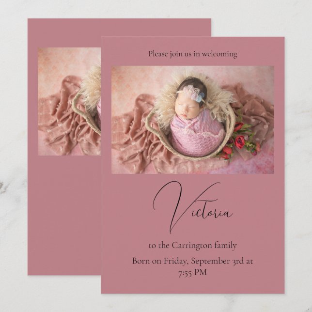 Elegant Photo Mauve Baby Birth Announcement Card Meddelande (Fram/baksida)