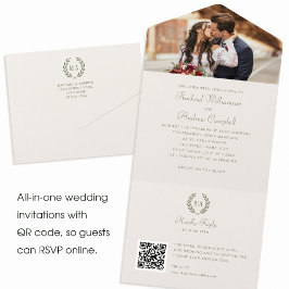 Elegant Photo Monogram QR Grönt Cream Bröllop
