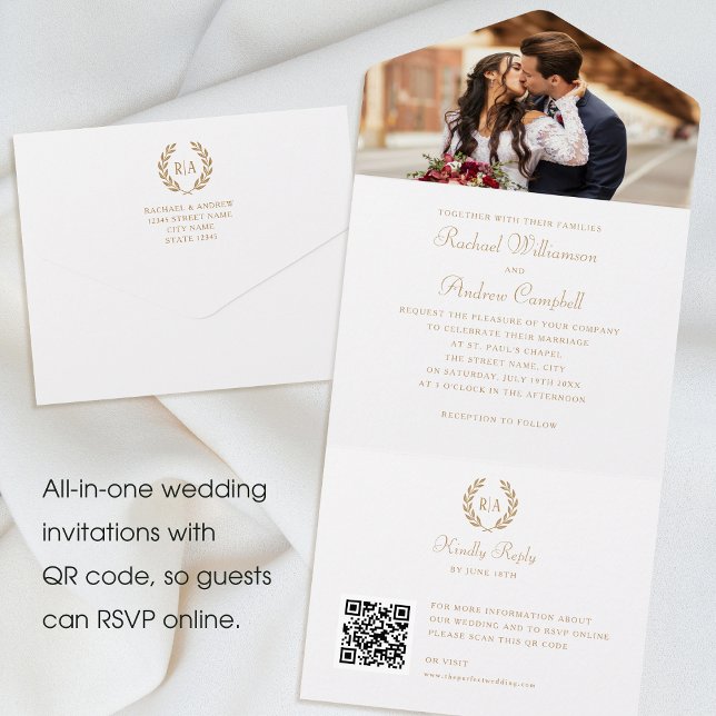 Elegant Photo Monogram QR Guld White Bröllop (Skapare uppladdad)