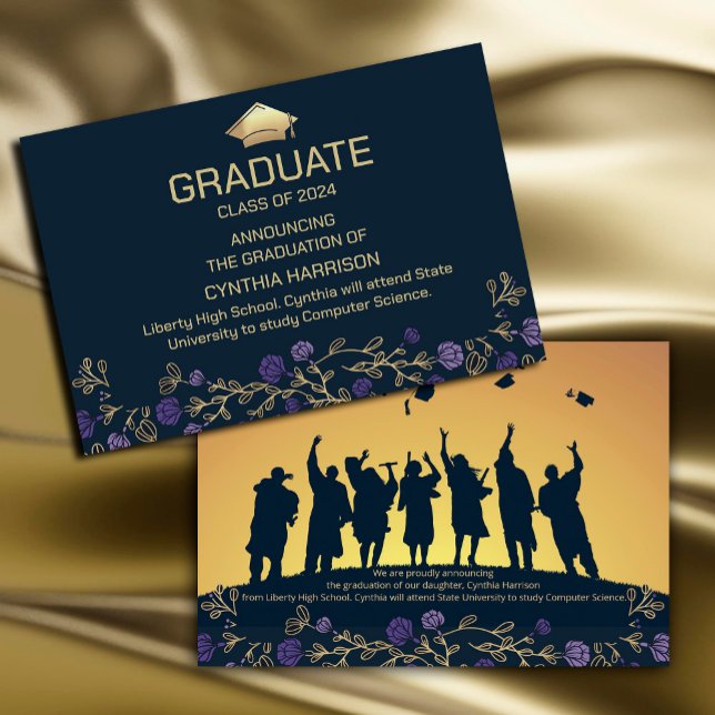 Elegant Photo Navy Blue och Guld Inbjudningar ("A touch of elegance for your gratitude! 🌷🎓 #PartyPrep #FloralAccents #NavyAndGoldPalette #purple)