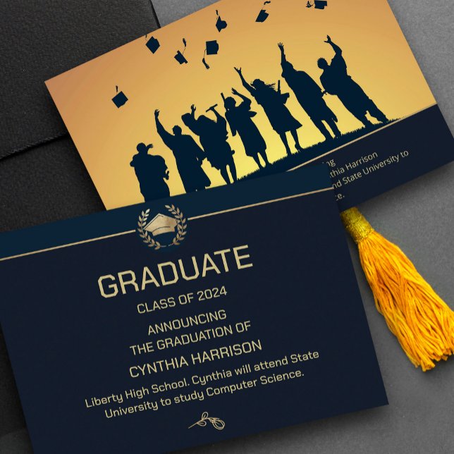 Elegant Photo Navy Blue och Guld Inbjudningar (Elegant Photo Navy Blue and Gold Invitation,  #graduationparty #vavyblueandgold #blueandgoldfoil)