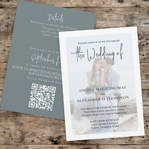 Elegant Photo Overlay Simple Dusty Blue QR-kod Inbjudningar
