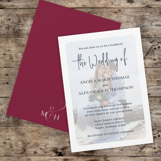 Elegant Photo Overlay Simple Trendig Burgundy Inbjudningar (Skapare uppladdad)