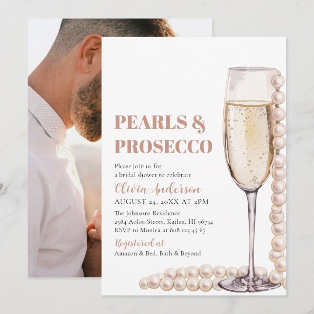 Elegant Photo Pearls and Prosecco Möhippa Inbjudningar (Fram/baksida)