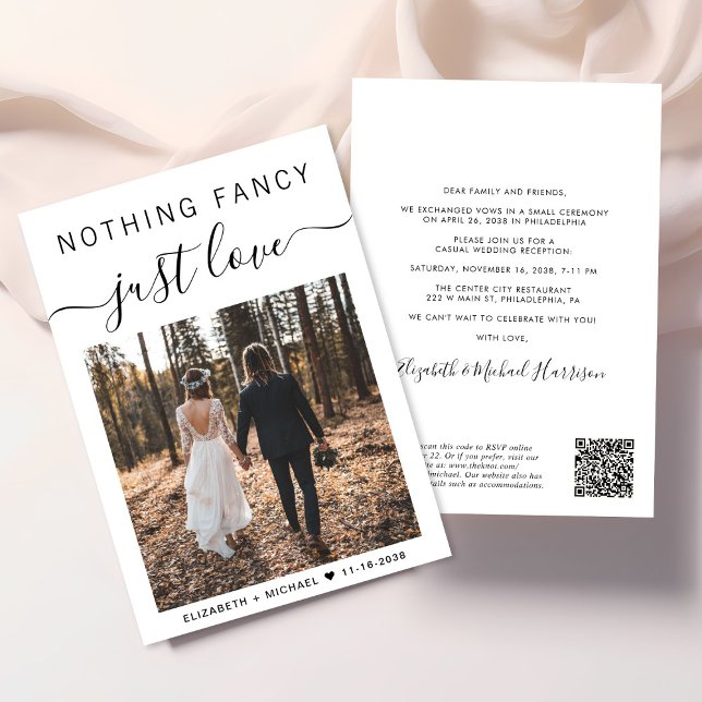 Elegant Photo QR Code Avslappnad Wedding Reception Inbjudningar (Input your wedding website address to create a QR code for guests to scan to RSVP online)