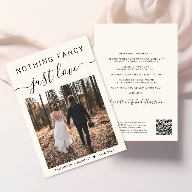 Elegant Photo QR Code Avslappnad Wedding Reception Inbjudningar (Elegant all-in-one wedding invite featuring your photo + a QR code linked to your wedding website)