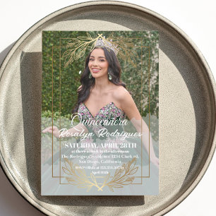 Elegant Photo Quinceanera Guld White Tiara Inbjudningar