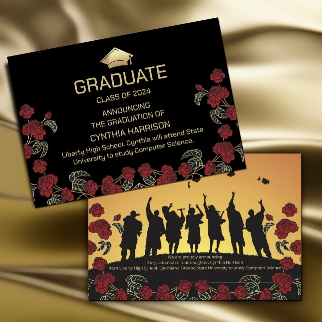 Elegant Photo Red Black och Guld Inbjudningar ("A touch of elegance for your gratitude! 🌷🎓 #PartyPrep #FloralAccents #RedAndGoldPalette #Red)