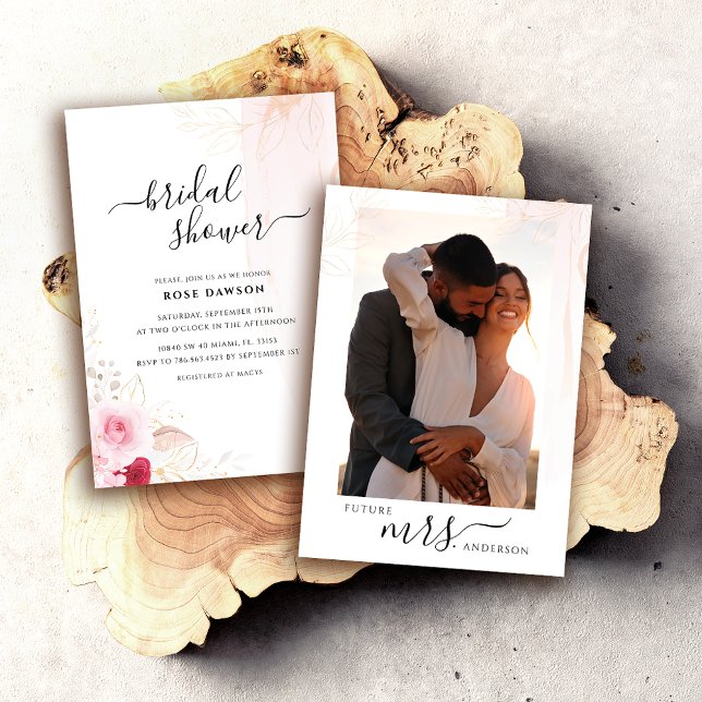 Elegant Photo Rosa Red & Guld Blommigt Möhippa Inbjudningar (Skapare uppladdad)