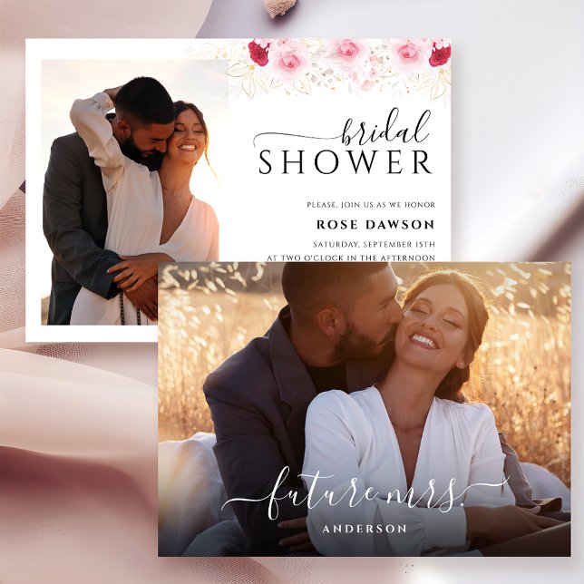 Elegant Photo Rosa Red & Guld Blommigt Möhippa Inbjudningar (Skapare uppladdad)