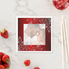 Elegant Photo Ruby Red Grått Swirls Bröllop Pappersservett