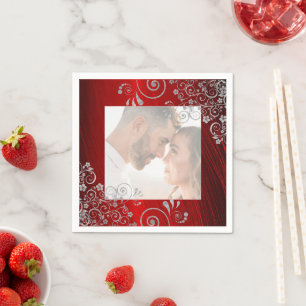Elegant Photo Ruby Red Grått Swirls Bröllop Pappersservett