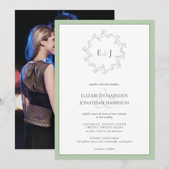 Elegant Photo Sage Grönt Monogram utandning Inbjudningar (Fram/baksida)
