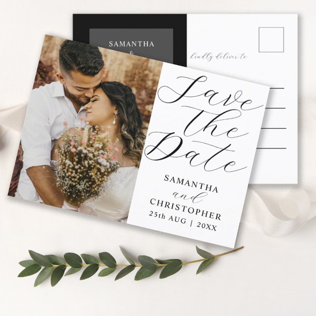 Elegant Photo Save Date Black & White Bröllop Meddelande Vykort (Skapare uppladdad)