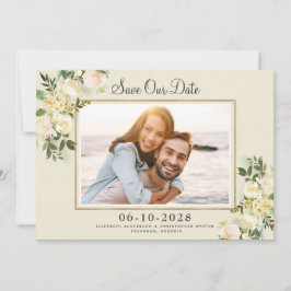 Elegant Photo Save Date Guld Ram Blommigt Spara Datumet
