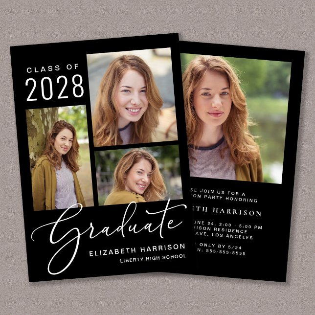 Elegant Photo Script Black-Studentfest Inbjudningar (An elegant college graduation party invitation to celebrate the graduate's achievements)