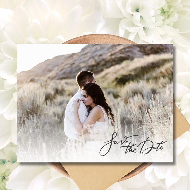 Elegant Photo Script Bröllop spara datum Meddelande Vykort (Elegant Photo Script Wedding Save the Date Postcard)