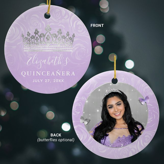 Elegant Photo Silver and Light Lila Quinceanera Julgransprydnad Keramik (Create your own keepsake light purple quinceanera ornaments, with this elegant DIY photo template.)