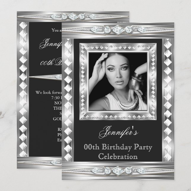 Elegant Photo Silver Glam Diamond Black Birthday 2 Inbjudningar (Fram/baksida)