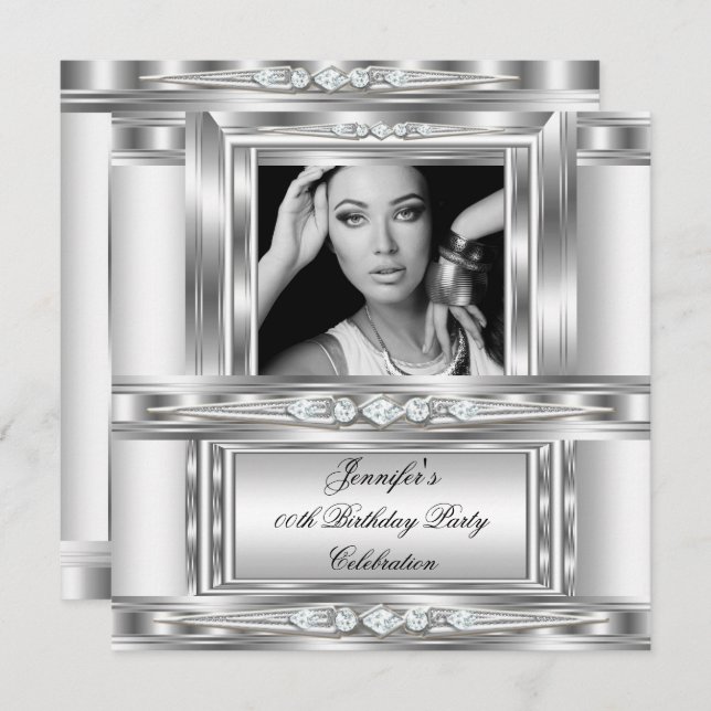 Elegant Photo Silver White Diamond Födelsedagsfest Inbjudningar (Fram/baksida)