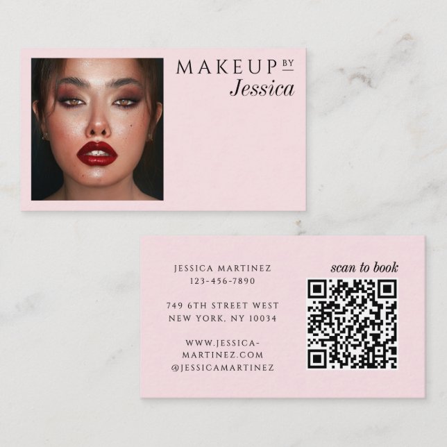 Elegant Photo Typography Blush Pink QR Code Makeup Visitkort (Fram/baksida)