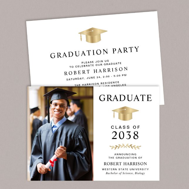 Elegant Photo White Guld College Graduation Party Inbjudningar (An elegant college graduation party invitation to celebrate the graduate's achievements)
