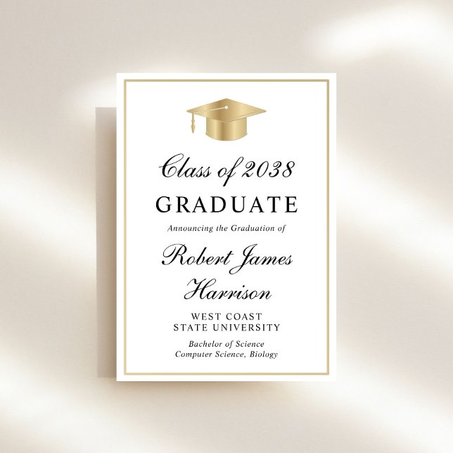 Elegant Photo White Guld Studentfest Inbjudningar (An elegant college graduation party invitation to celebrate the graduate's achievements)