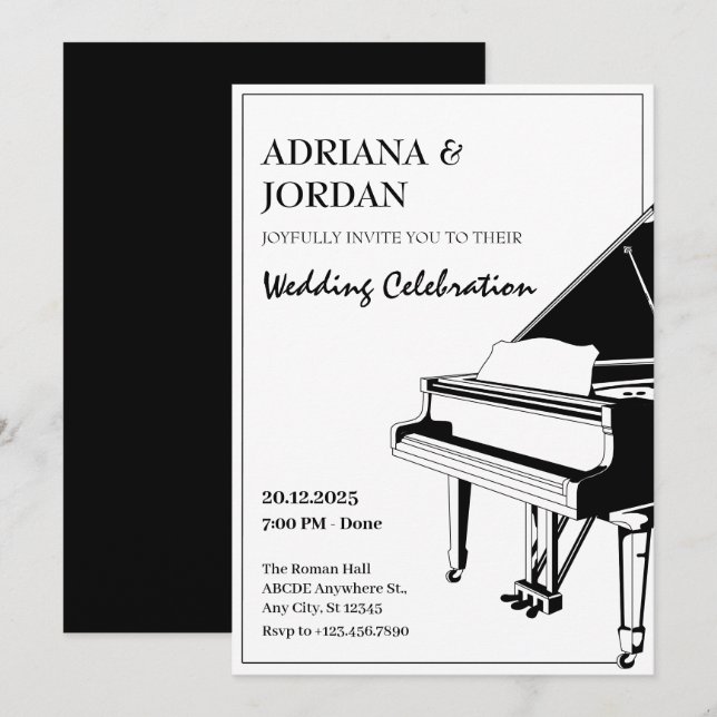Elegant Piano bröllop Inbjudningar (Fram/baksida)