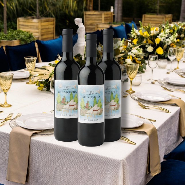 Elegant Piano | Fiolblomduvor Bröllop Luxury Vinflaska Etikett (Skapare uppladdad)