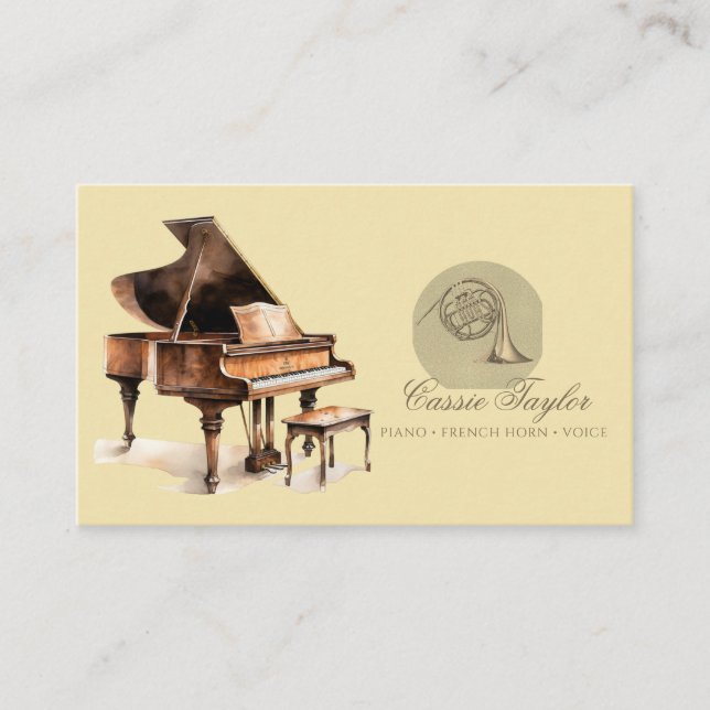 Elegant Piano Fransk Horn Musician Music Teacher Visitkort (Framsida)