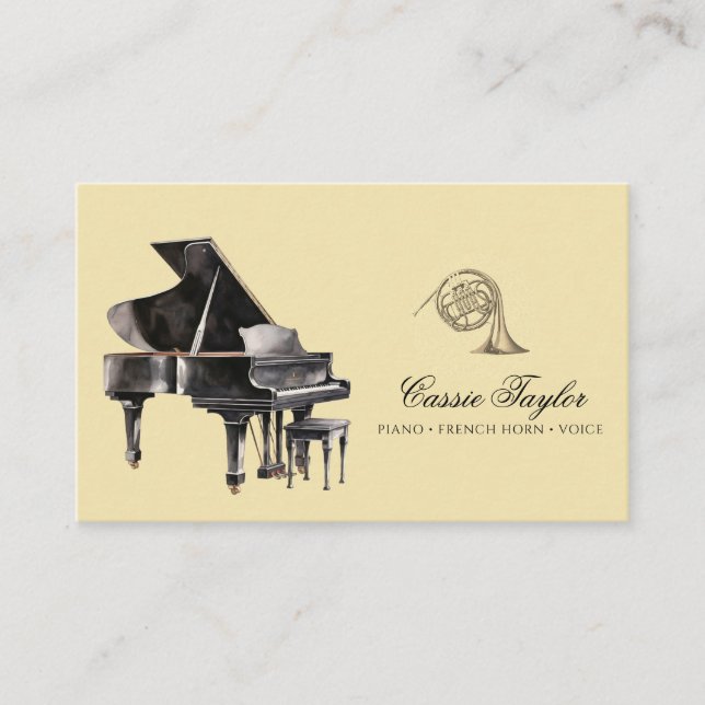 Elegant Piano Fransk Horn Musician Music Teacher Visitkort (Framsida)