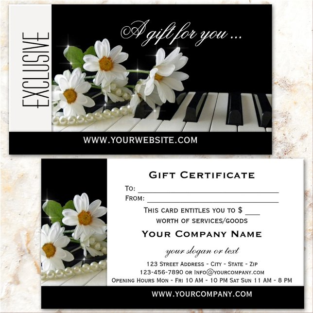 Elegant Piano Music Gift-certifikatmall Rabattkort (Elegant gift certificate business card featuring an image of flowers on a piano)