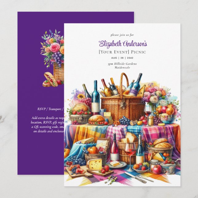 Elegant Picnic Party Birthday Pension ANY-händelse Inbjudningar (Fram/baksida)