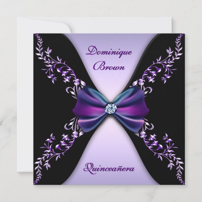 Elegant pilbåge Quinceanera för lilasvartdiamant Inbjudningar (Framsida)