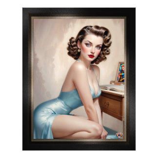 Elegant Pin-Up Girl Beauty in Satin Blue Attire Fototryck