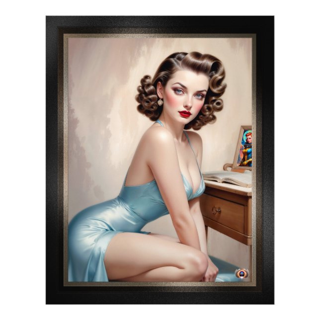 Elegant Pin-Up Girl Beauty in Satin Blue Attire Fototryck (Framsidan)