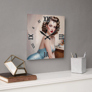 Elegant Pin-Up Girl Beauty in Satin Blue Attire Fyrkantig Klocka
