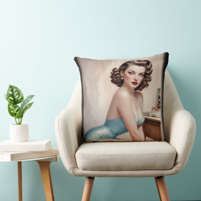 Elegant Pin-Up Girl Beauty in Satin Blue Attire Kudde (Stol)