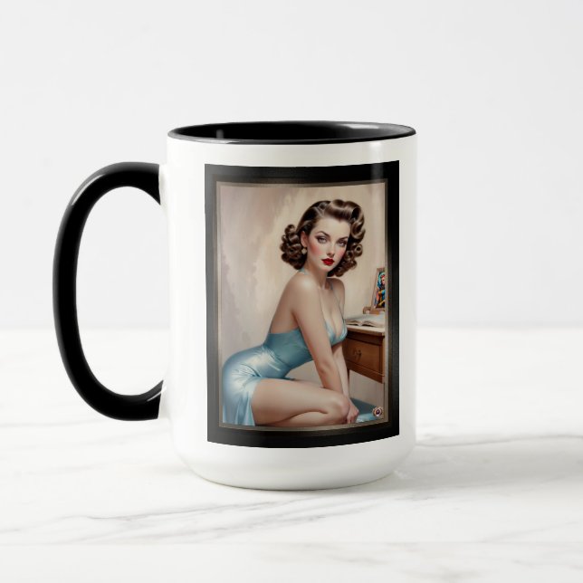 Elegant Pin-Up Girl Beauty in Satin Blue Attire Mugg (Vänster)