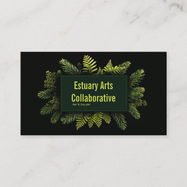 Elegant Pine Fern Evergreen Black Botanical Visitkort (Framsida)