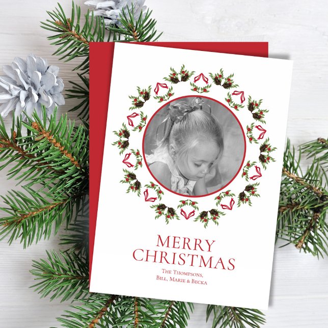 Elegant Pinecone Holly Mandala Greenery 1 Photo Julkort (Christmas red and green foliage photo card template. )