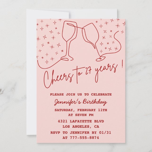 Elegant Pink 27th birthday invitations Cheers  Inbjudningar (Framsida)