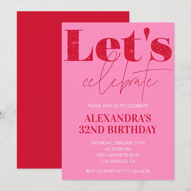 Elegant Pink 32nd birthday invitation Glitter Glam Inbjudningar (Fram/baksida)