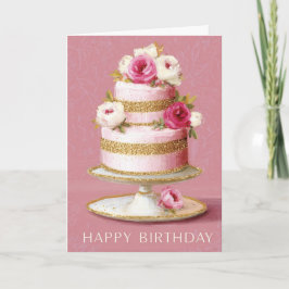 Elegant Pink And Gold Floral Birthday Cake Kort