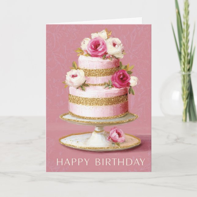 Elegant Pink And Gold Floral Birthday Cake Kort (Framsida)