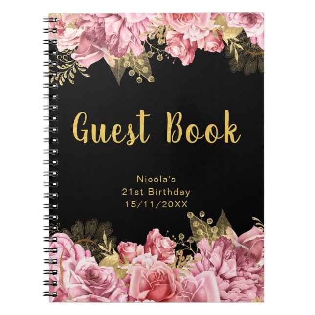 Elegant Pink and Gold Flowers Birthday Guest Book Anteckningsbok (Framsidan)
