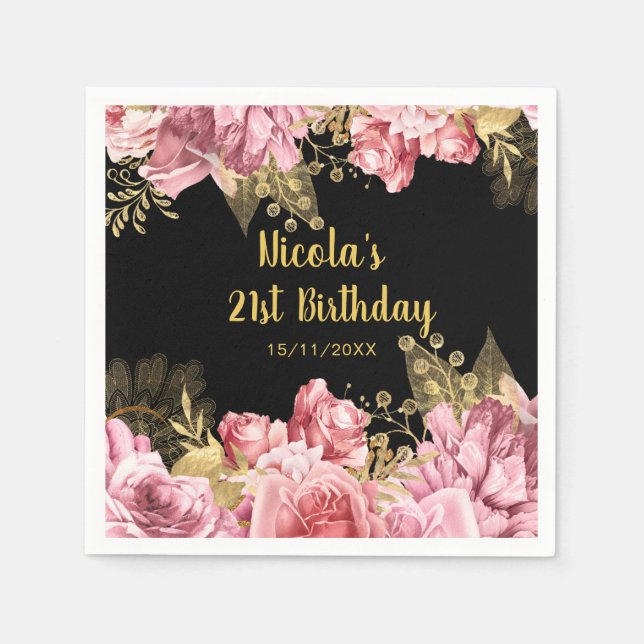 Elegant Pink and Gold Flowers Birthday Party Pappersservett (Framsidan)